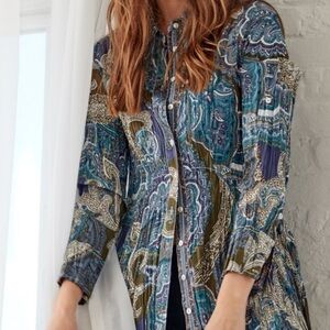 Cino Paisley Crinkled Cotton Button Down Boho Tunic Top XL | 100% Cotton
